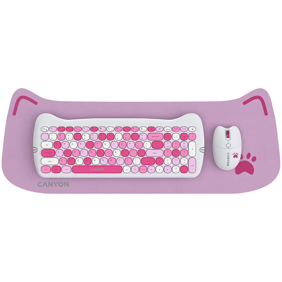 Безжичен комплект CANYON HSET-W6 Kitty Edition - Розова клавиатура и мишка