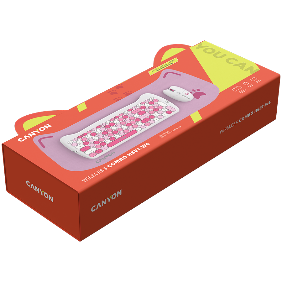 Безжичен комплект CANYON HSET-W6 Kitty Edition - Розова клавиатура и мишка - Image 6