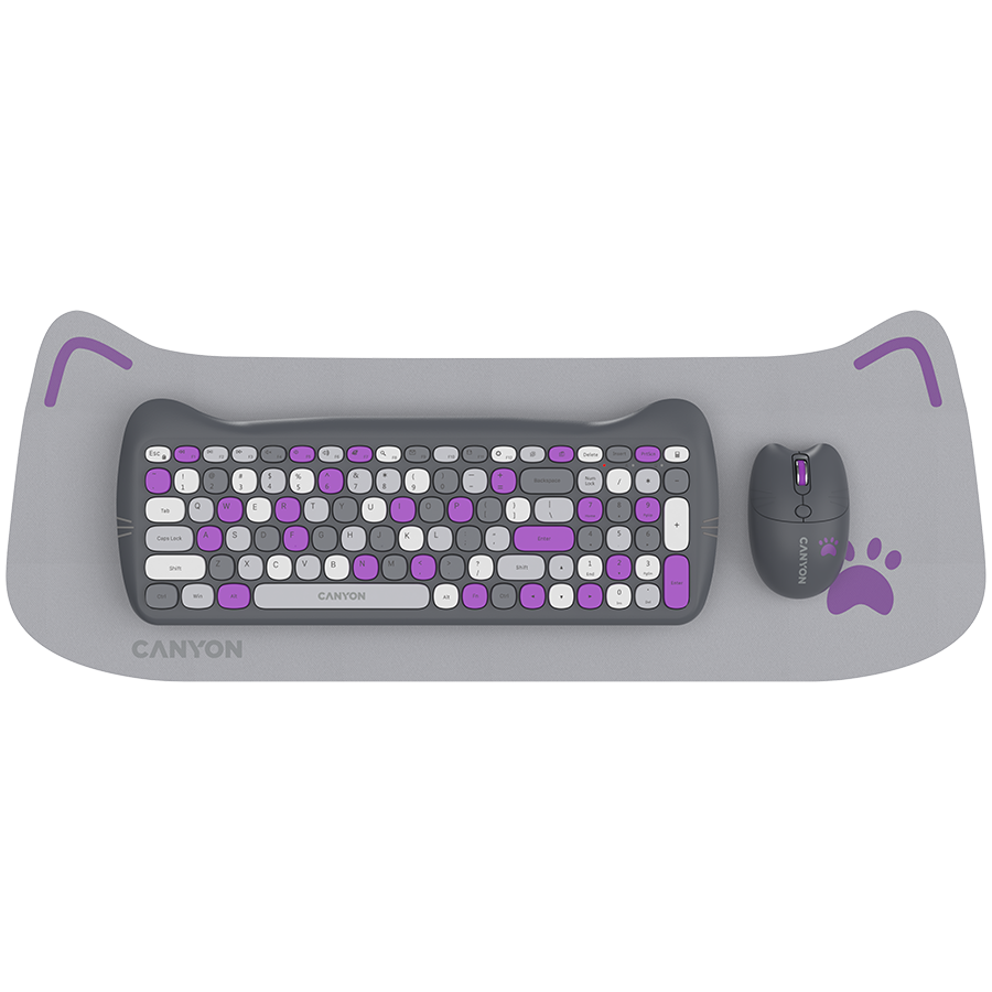 Безжичен комплект клавиатура и мишка CANYON HSET-W6 Kitty Edition, лилав